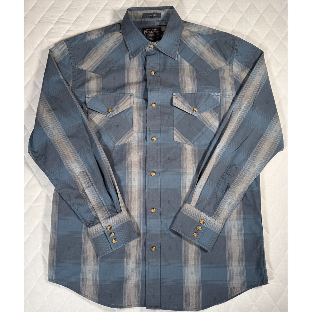 Pendleton Frontier Western Snap Shirt Men's Small Blue Gray Plaid Long Sleeve